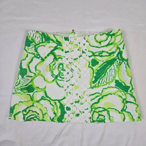 Lilly Pulitzer Size 0 Green White Miniskirt Exposed Back Zip Cotton Lace Detail - Picture 1 of 11